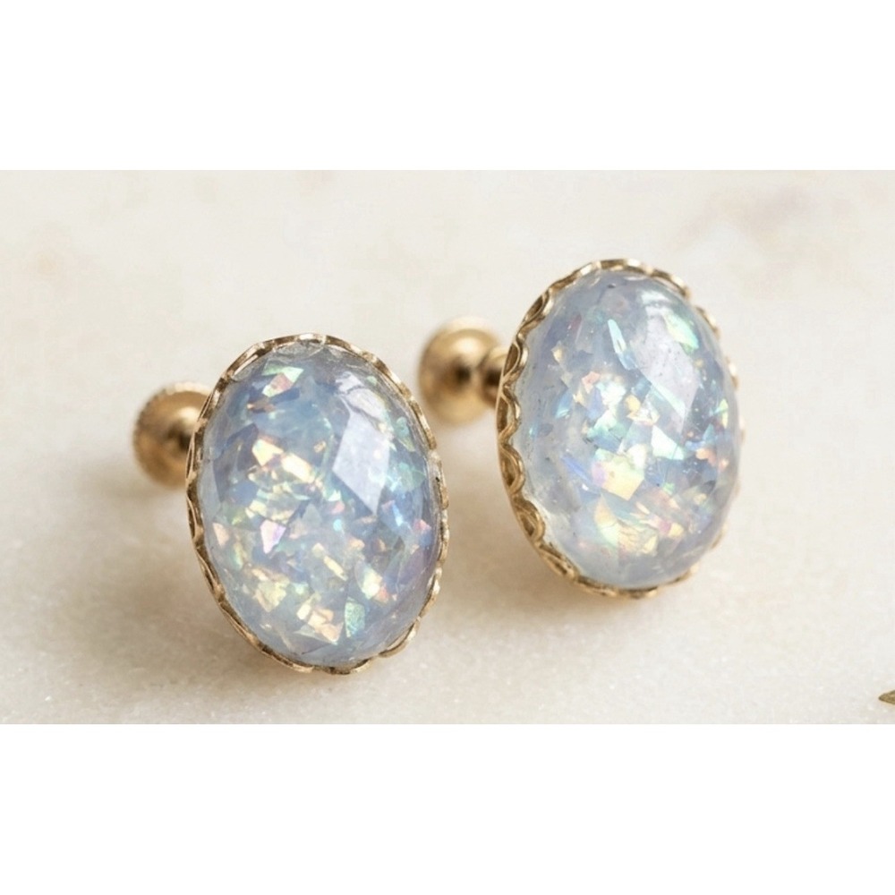 50s Blue Confetti Lucite Screw Back Earrings Opalescent Dome Cabochon Gold Tone